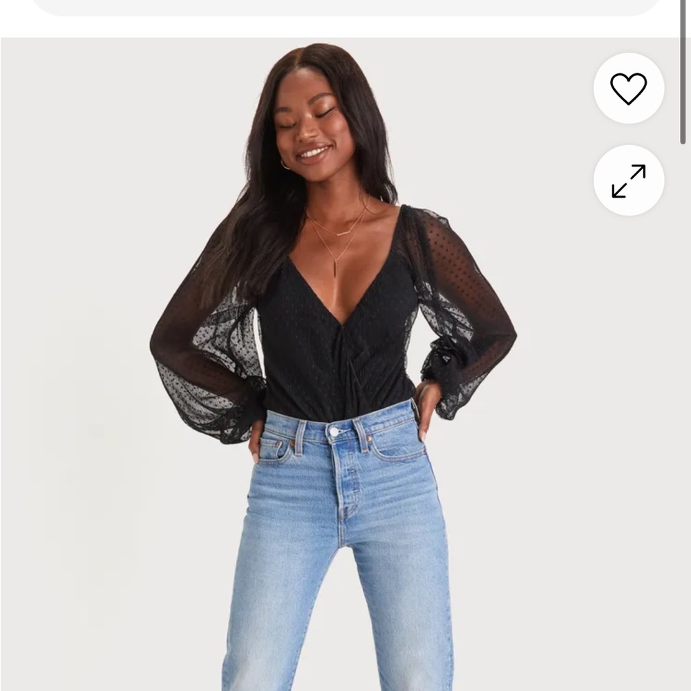 Lulu’s Black Pleated Swiss Dot Surplice Bodysuit
